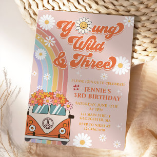 Young Wild Three Retro Rainbow 3rd Birthday Invitation