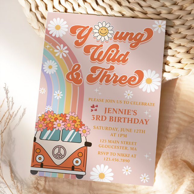 Young Wild Three Retro Rainbow 3rd Birthday Invitation (Creator Uploaded)