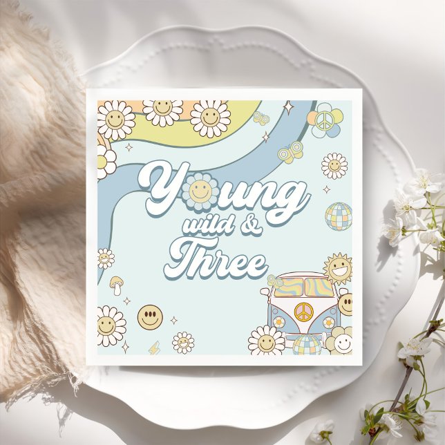 Young Wild Three Retro Rainbow 3rd Birthday Napkin (Creator Uploaded)