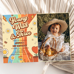 Young Wild Three Retro Rainbow 3rd Birthday Photo Invitation