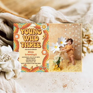 Young Wild Three Retro Rainbow 3rd Birthday Photo Invitation