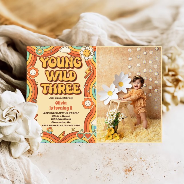Young Wild Three Retro Rainbow 3rd Birthday Photo Invitation (Creator Uploaded)