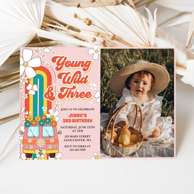 Young Wild Three Retro Rainbow 3rd Birthday Photo Invitation (Creator Uploaded)