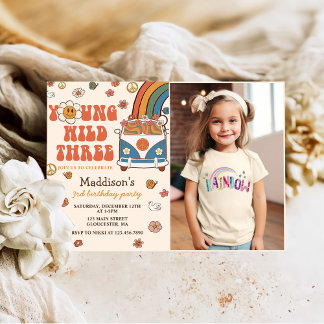 Young Wild Three Retro Rainbow 3rd Birthday Photo Invitation