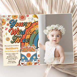Young Wild Three Retro Rainbow 3rd Birthday Photo Invitation