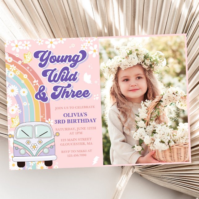 Young Wild Three Retro Rainbow 3rd Birthday Photo Invitation (Creator Uploaded)