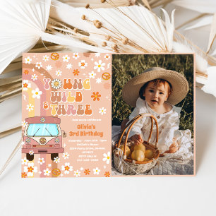 Young Wild Three Retro Rainbow 3rd Birthday Photo Invitation