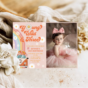 Young Wild Three Retro Rainbow 3rd Birthday Photo Invitation