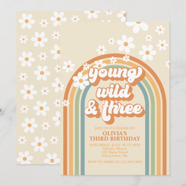 Young Wild Three Retro Rainbow Daisy Birthday Invitation (Front/Back)