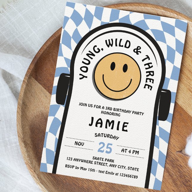 Young Wild & Three Retro Skateboard 3rd Birthday Invitation (young, wild and three skateboard retro 3rd birthday invitation)