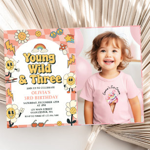 Young Wild Three Retro Van Pink 3rd Birthday Invitation