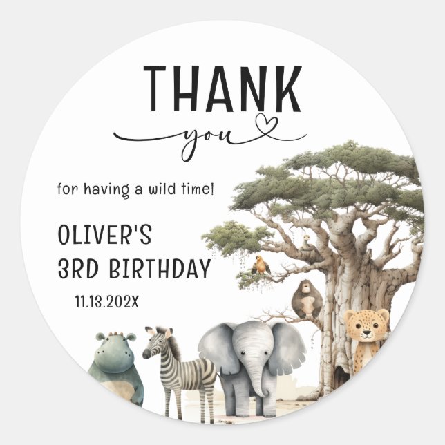 Young Wild Three Safari 3rd Birthday Thank You Classic Round Sticker (Front)