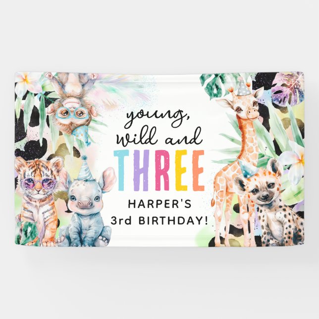 Young, Wild & Three Safari Animals 3rd Birthday Banner (Horizontal)