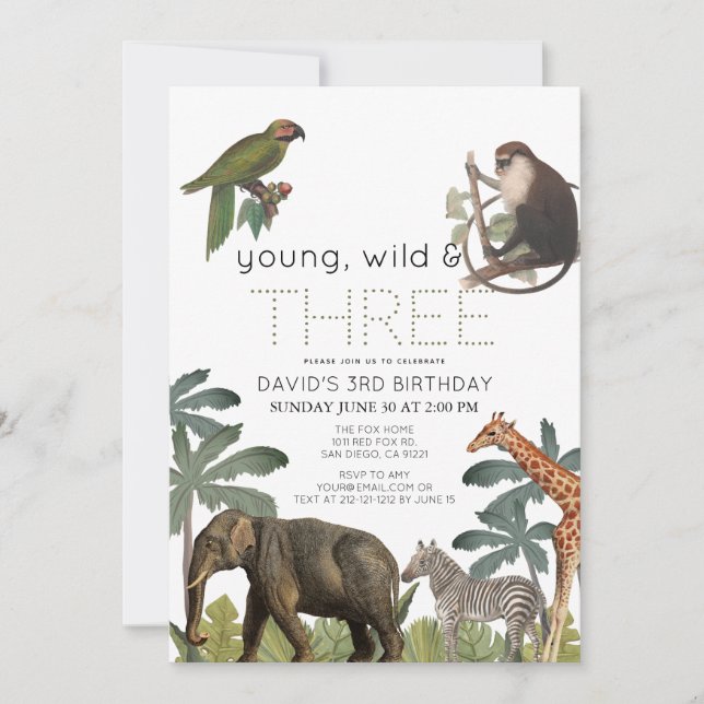 Young Wild & Three Safari Animals 3rd Birthday Invitation (Front)