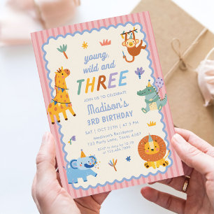 Young Wild & Three Safari Animals 3rd Birthday Invitation