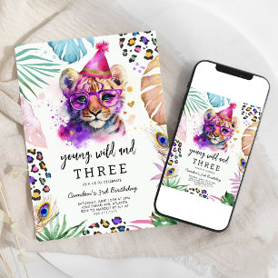 Young Wild & Three Safari Animals Birthday Invitation