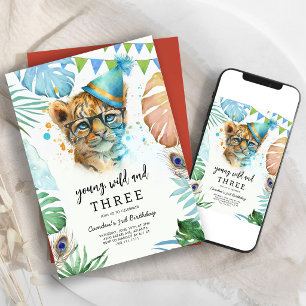Young Wild & Three Safari Animals Birthday Invitation