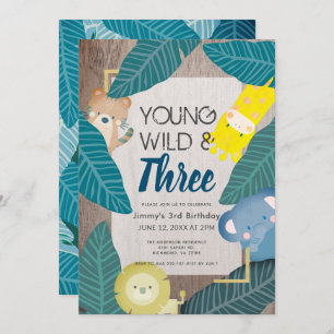 Young Wild & Three Safari Animals Boy 3rd Birthday Invitation