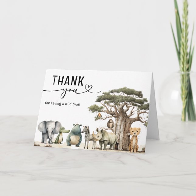 Young Wild Three Safari Birthday Thank You (Front)