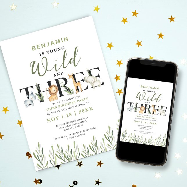 Young Wild & Three Safari Boy 3rd Birthday Party Invitation (Creator Uploaded)