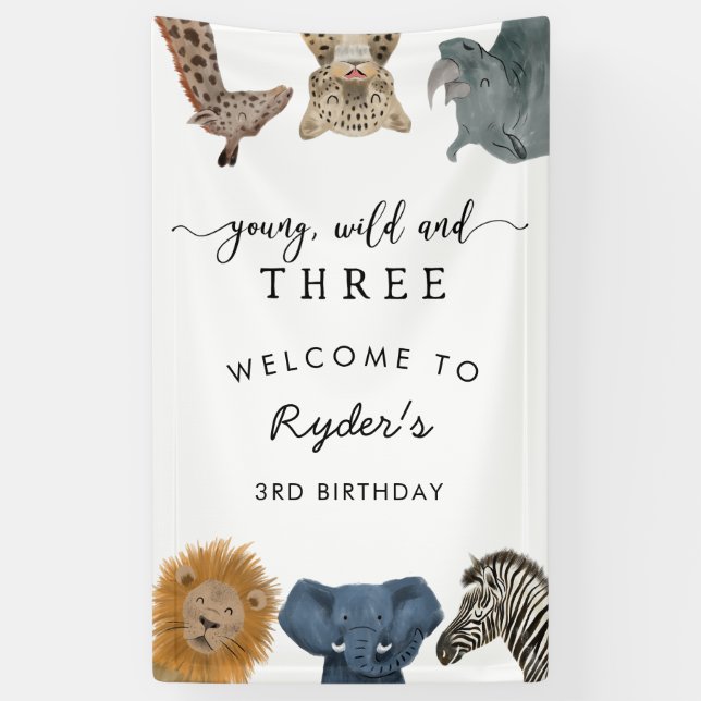 Young Wild Three Safari Boy Birthday Party Banner (Vertical)