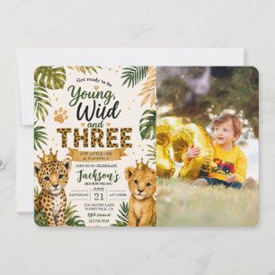 Young Wild Three Safari Jungle 3rd Birthday Photo Invitation