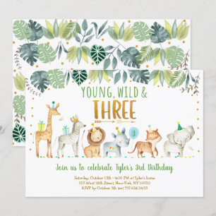 Young Wild & Three Safari Jungle Birthday Invitation