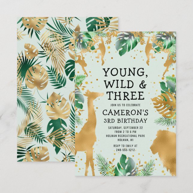Young Wild Three Safari Pastel Green 3rd Birthday Invitation (Front/Back)