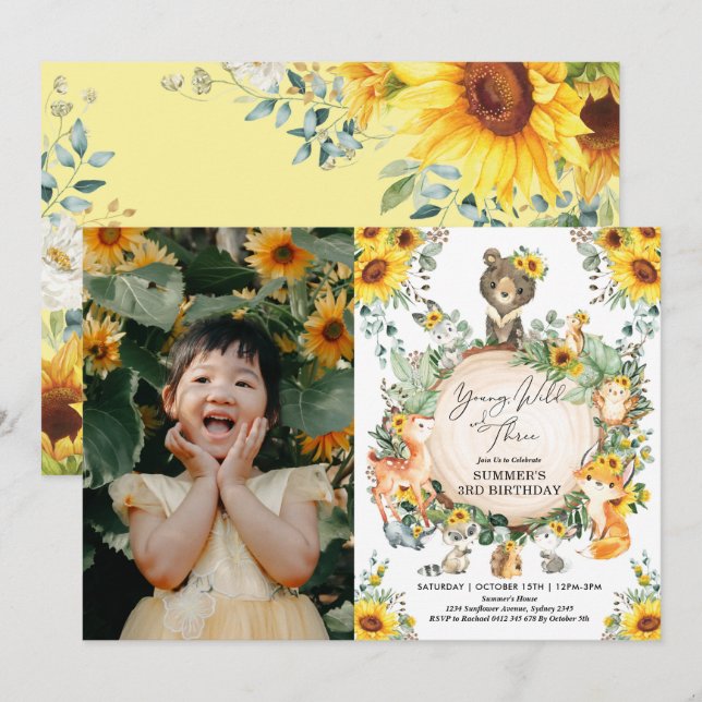 Young Wild & Three Sunflower Woodland Birthday Invitation (Front/Back)