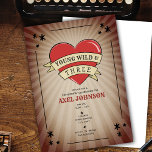 Young Wild & Three Tattoo Heart Third Birthday Inv Invitation<br><div class="desc">Tattoo theme featuring "young wild & three" phrase incorporated into tattoo inspired heart and banner design.  Corners are accented with stars.  Personalize the red and black text.</div>