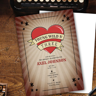 Young Wild & Three Tattoo Heart Third Birthday Inv Invitation