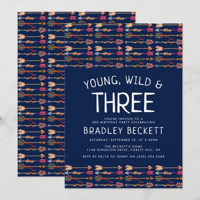 Young, Wild & Three Tribal Boho Arrows Birthday Invitation (Front/Back)