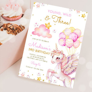 Young Wild & Three Unicorn 3rd Birthday Invitation