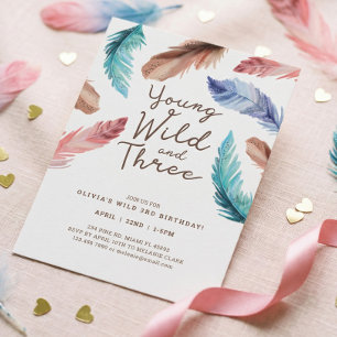 Young Wild & Three Watercolor Boho Feathers Invitation