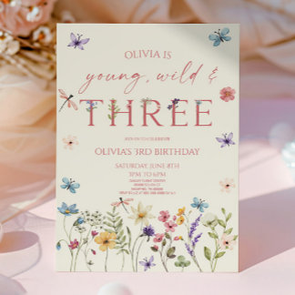 Young Wild & Three Wildflower 3rd Birthday Party Invitation