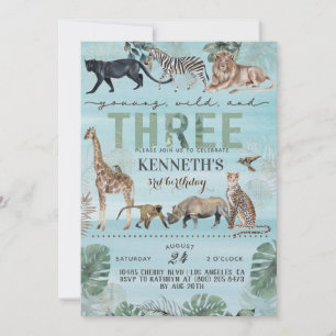 Young Wild & Three Zoo Animal Birthday Invitation