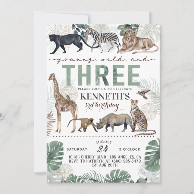 Young Wild & Three Zoo Animal Birthday Invitation (Front)