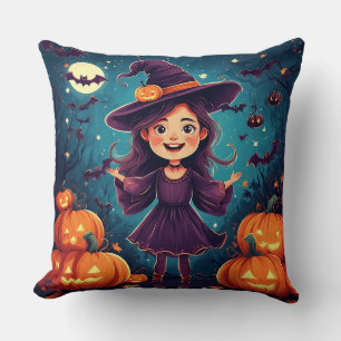 Young Witch Among Glowing Pumpkins Throw Pillow