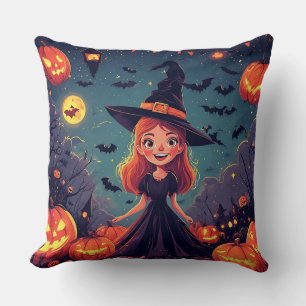 Young Witch Among Glowing Pumpkins Throw Pillow