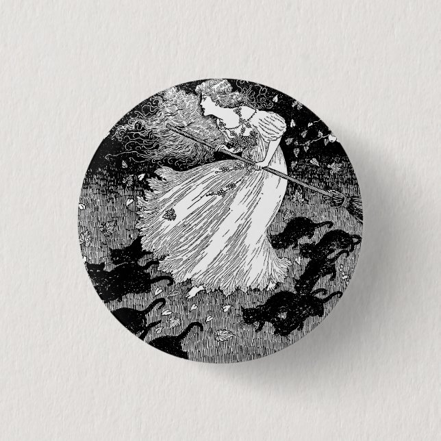 Young witch and black cats 1 inch round button (Front)
