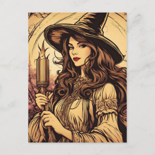 Young Witch Holding a Torch, Vintage Halloween Postcard