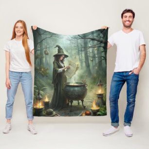 Young Witch in Mystical Forest Ritual Fleece Blanket