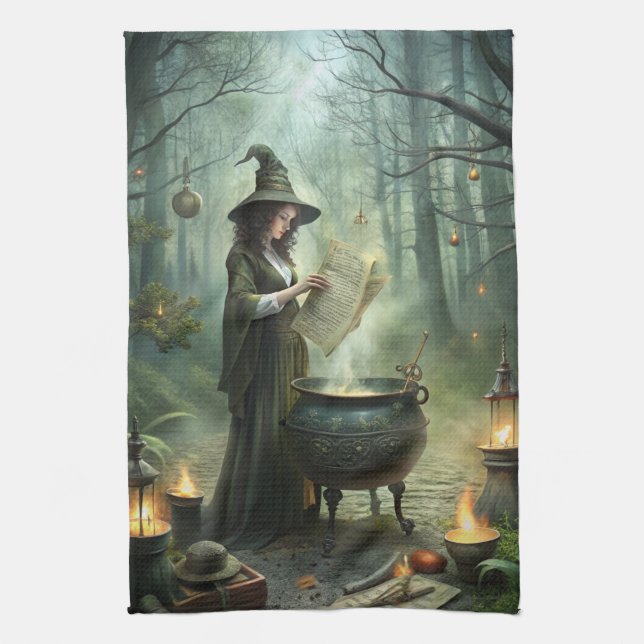 Young Witch in Mystical Forest Ritual Kitchen Towel (Vertical)