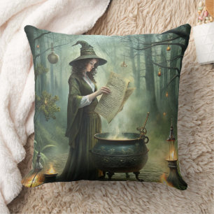 Young Witch in Mystical Forest Ritual Throw Pillow