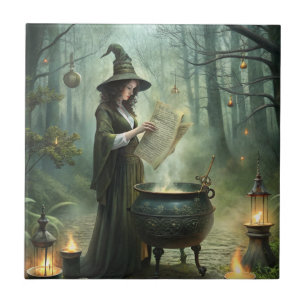 Young Witch in Mystical Forest Ritual Tile