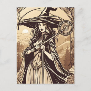 Young Witch in Sepia, Vintage Halloween Postcard