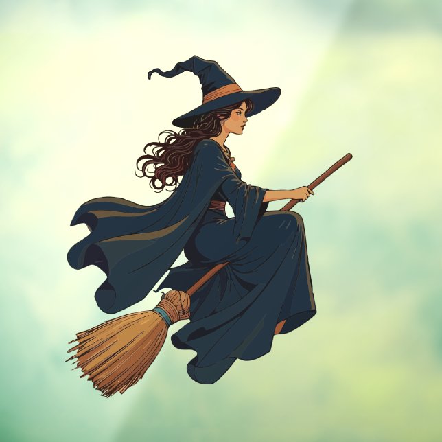Young Witch Sat Astride A Besom Vector Art Window Cling (Sheet 3)