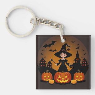 Young Witch with Pumpkins and Haunted Houses Keychain