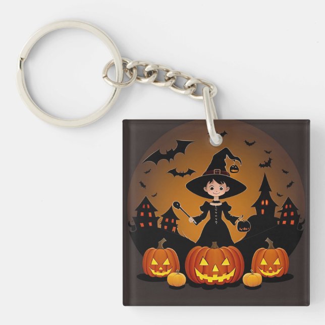 Young Witch with Pumpkins and Haunted Houses Keychain (Front)