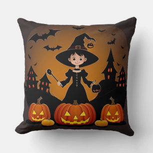 Young Witch with Pumpkins and Haunted Houses Throw Pillow